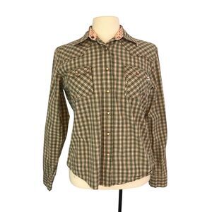 Cruel Girl Womens Olive Green Peach Pearl Snap Western Shirt‎ sz L, 40 bust, Top